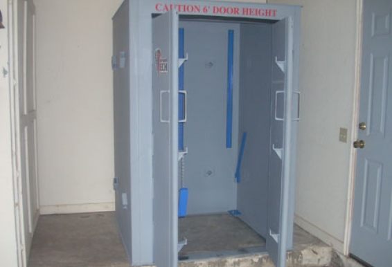 The continuous (top to bottom) hinged doors on the Tornado Tech Shelter provides substantial durability, and distributes the energy of an impact evenly, without compromising the doors ability to function.